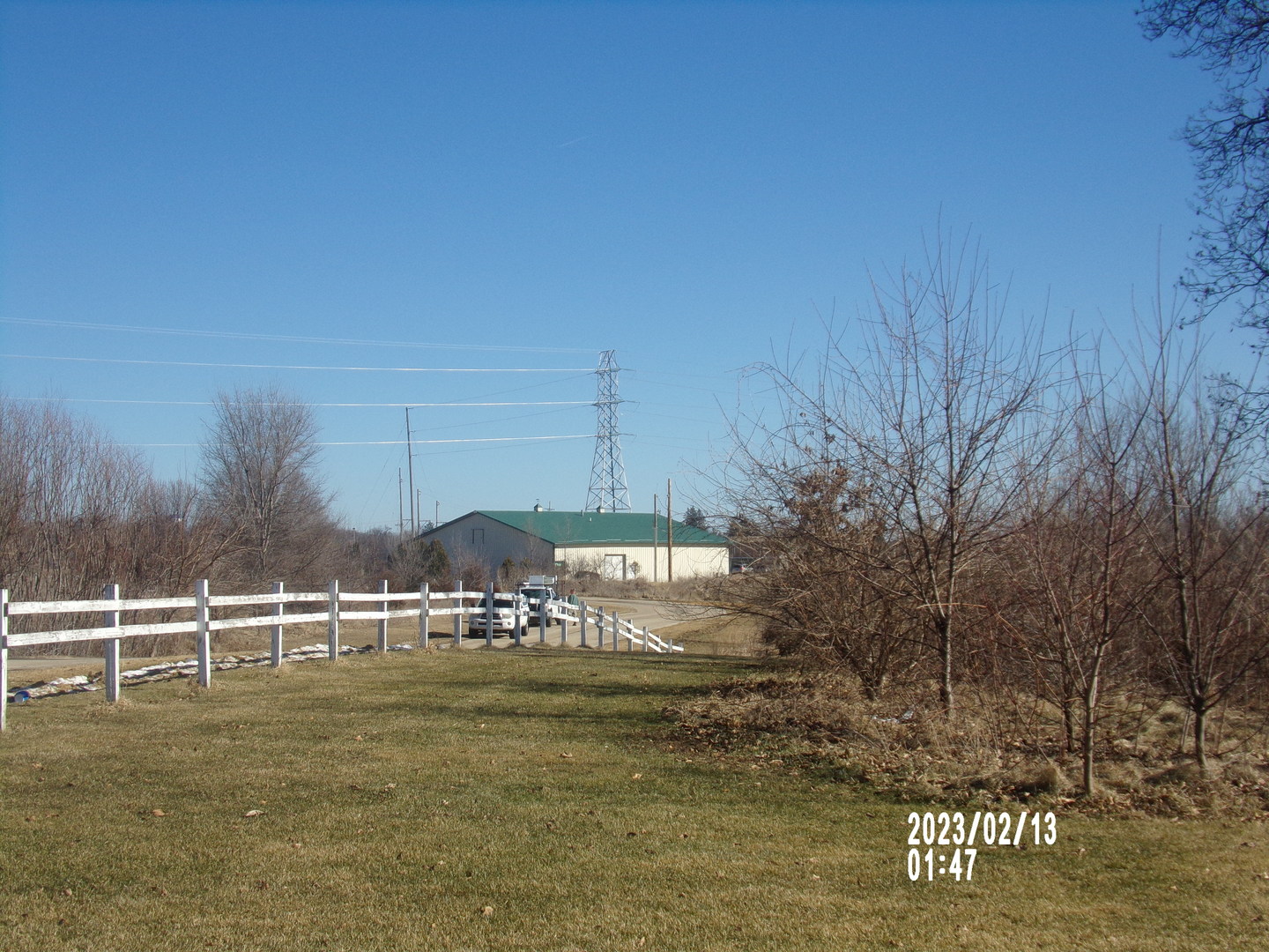 a view of a park with large trees