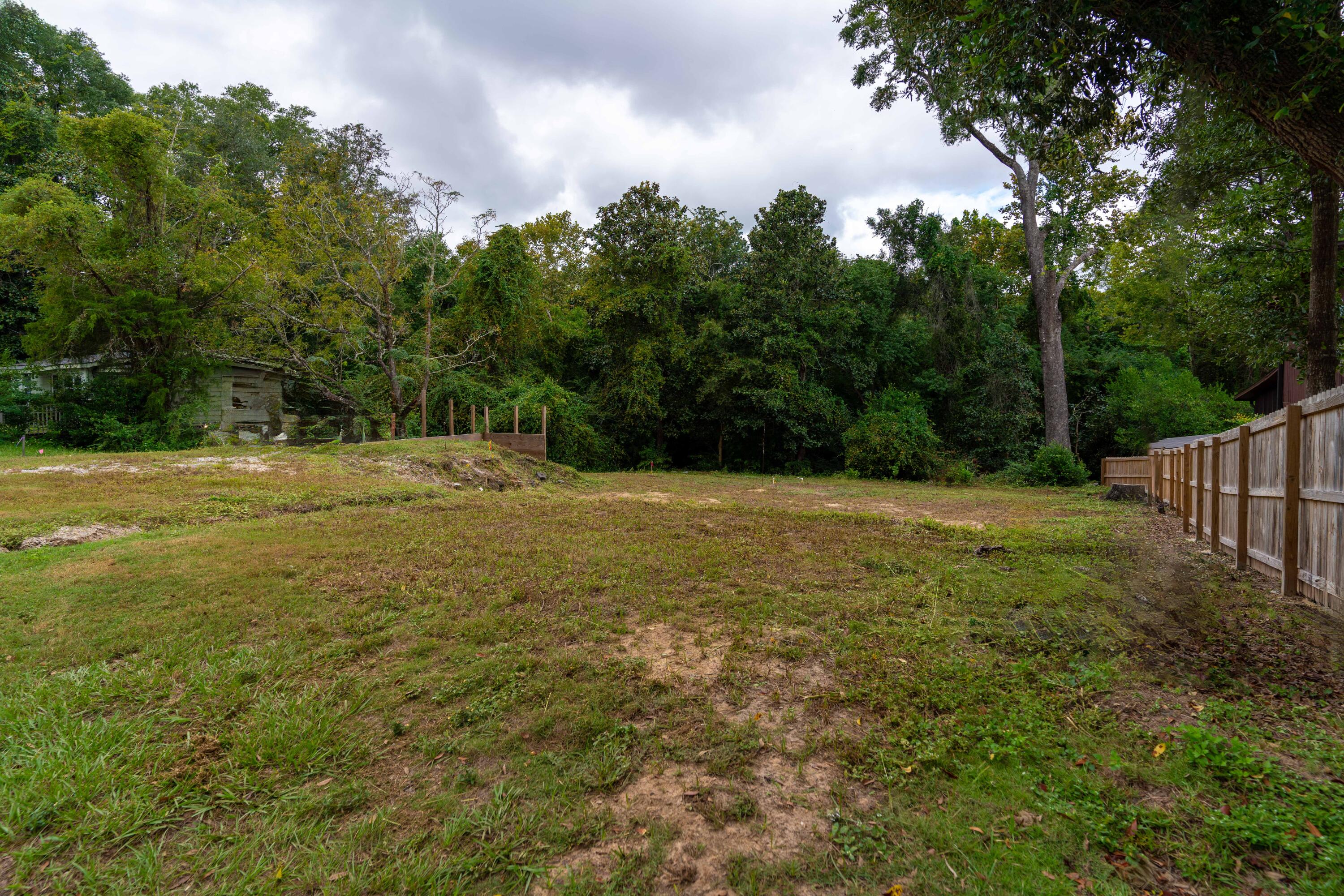 a view of a field with trees in the background