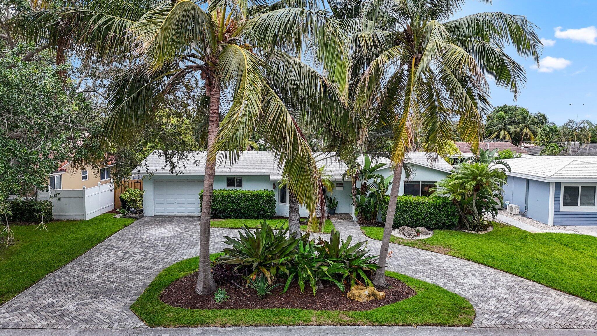 a view of a garden with palm trees