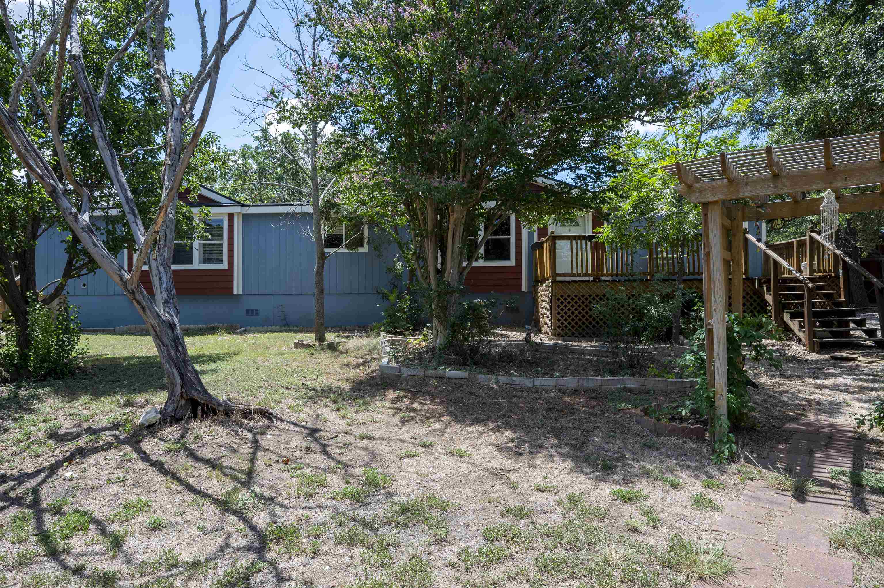 a backyard of a house with plants and large tree