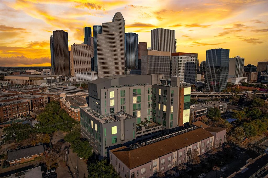 a city view with tall buildings