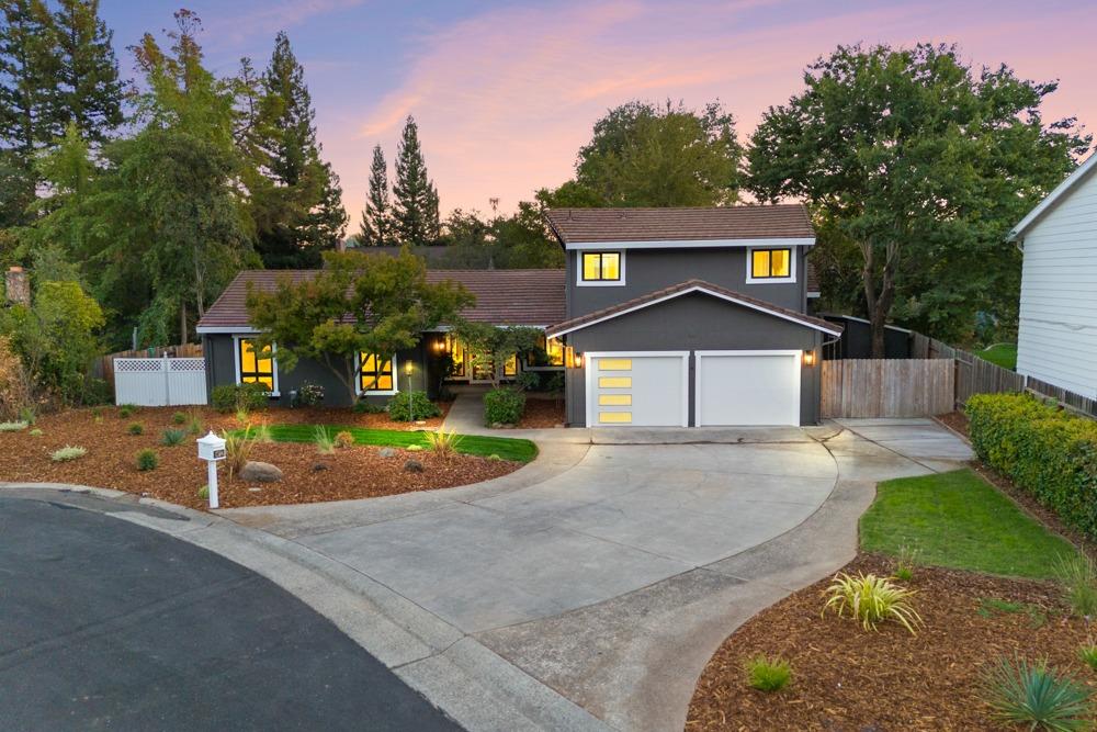 a view of a house with a yard and large tree