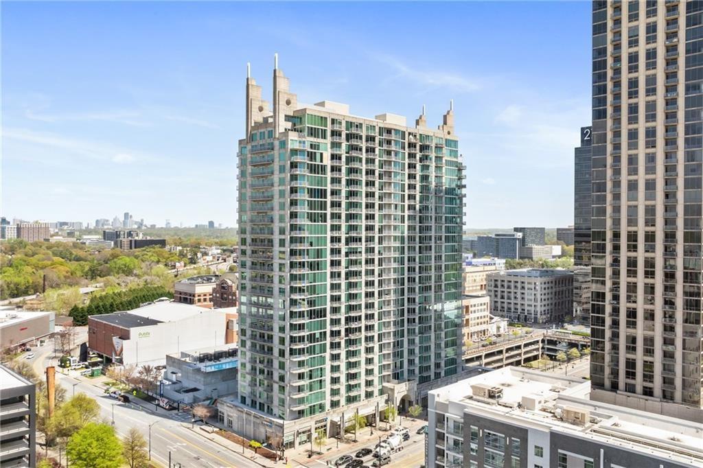 a city view with tall buildings