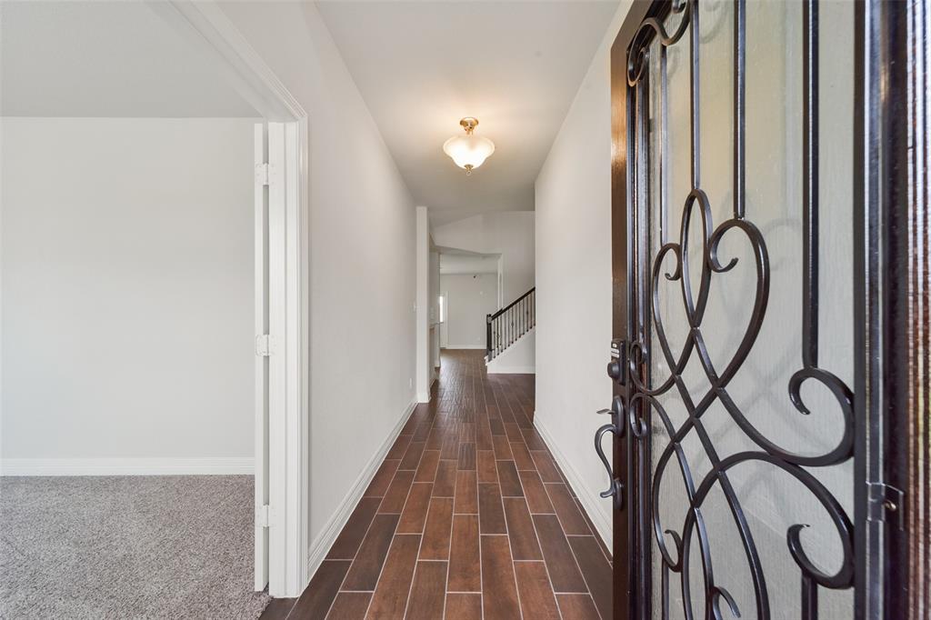 a view of a hallway with painted walls