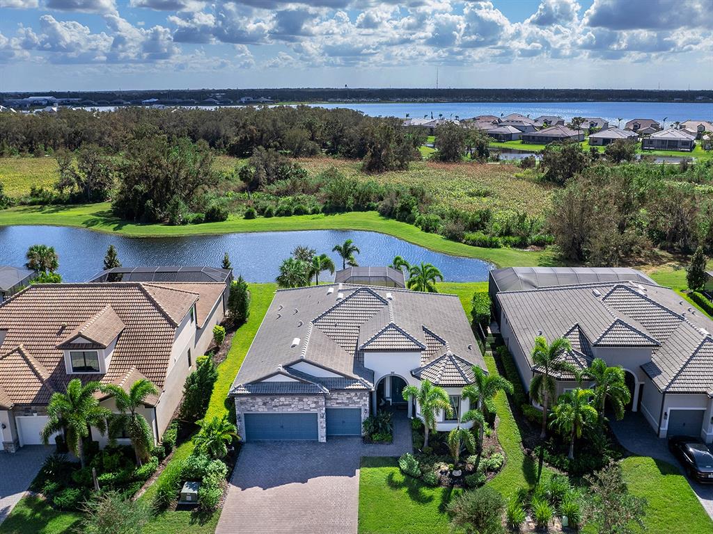 an aerial view of a house with a garden