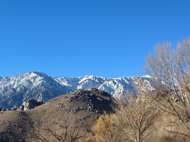 a view of a dry yard with mountains in the background