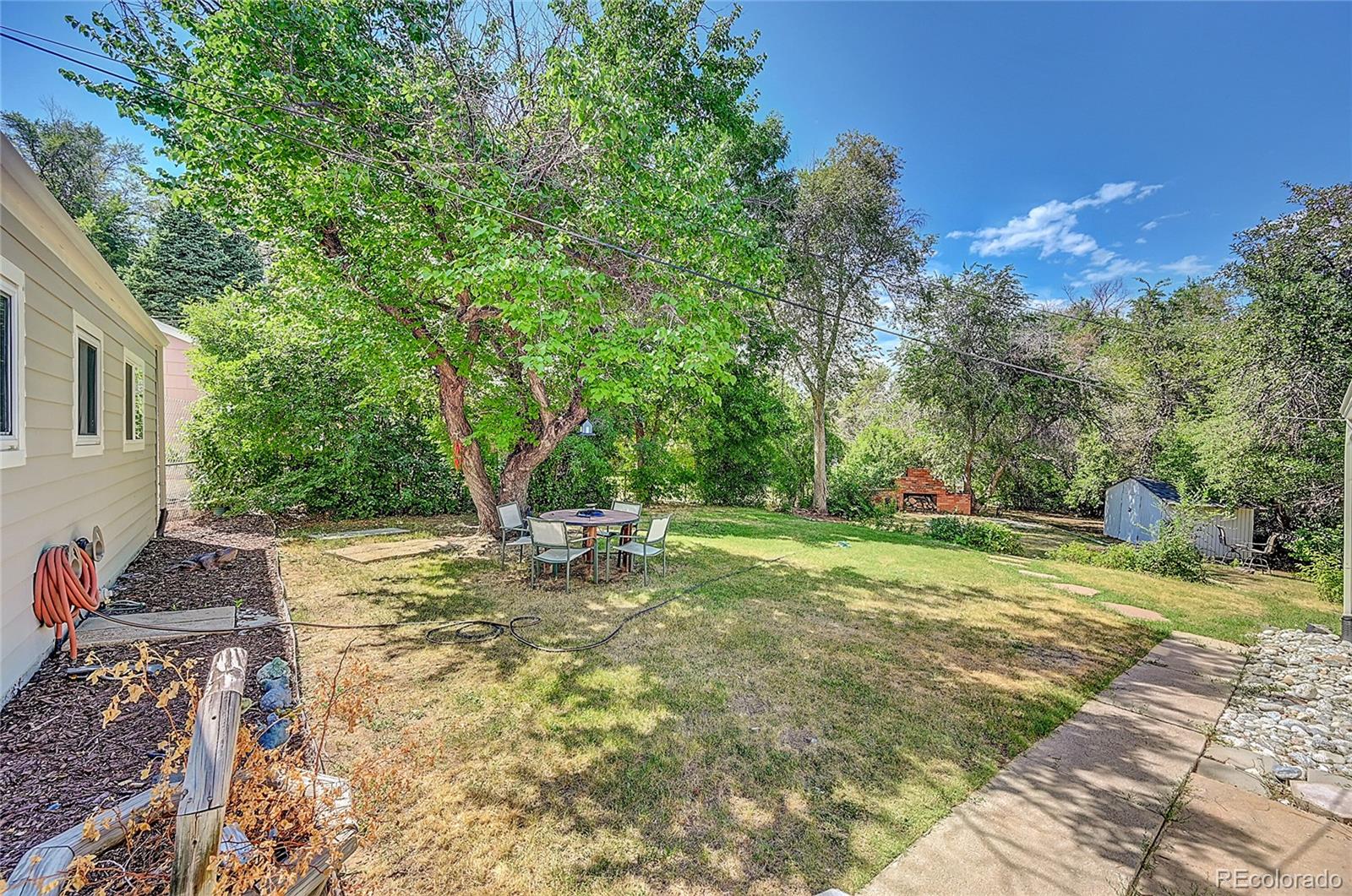 a backyard of a house with table and chairs