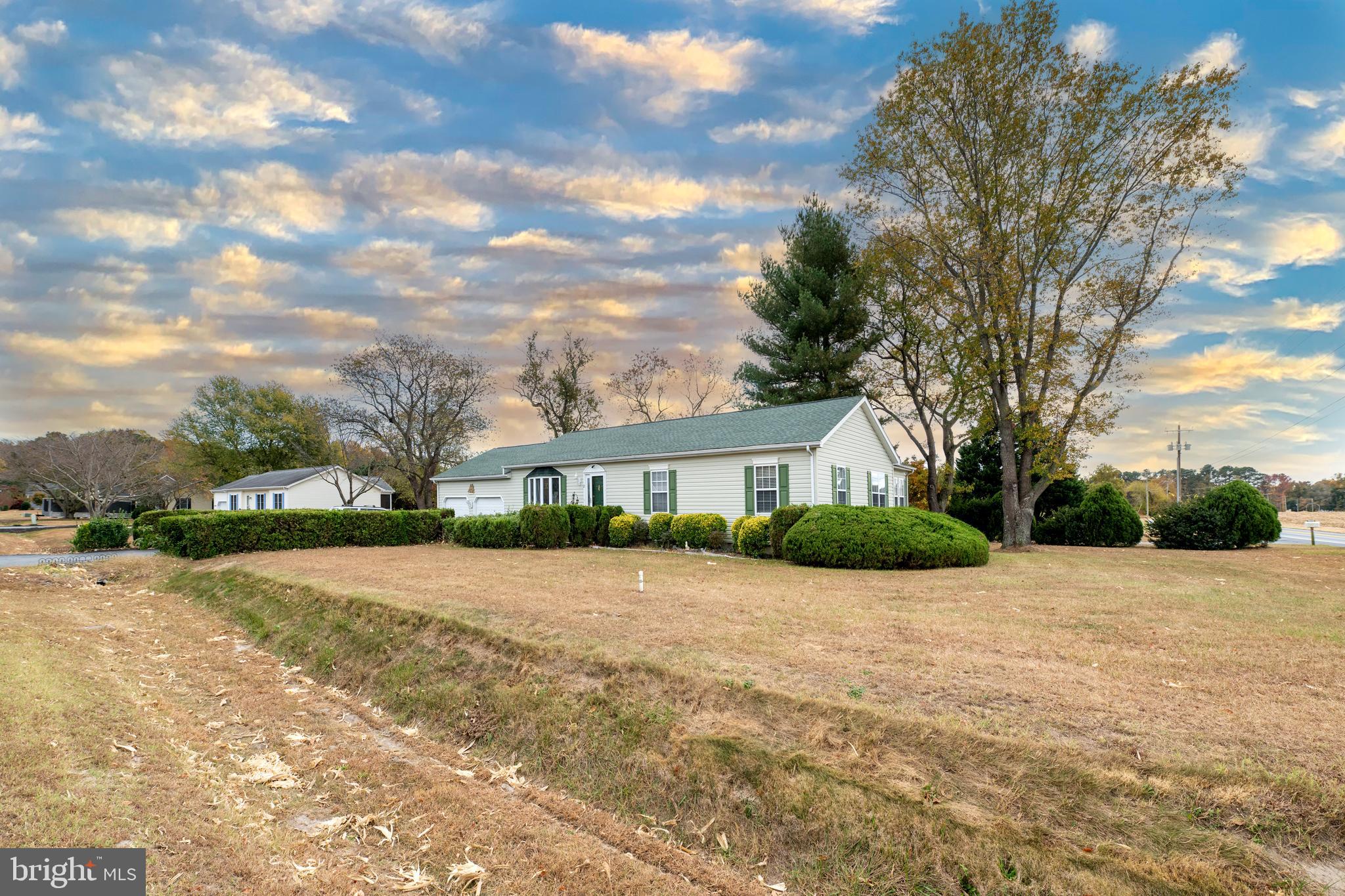 a view of house with yard and trees in the background