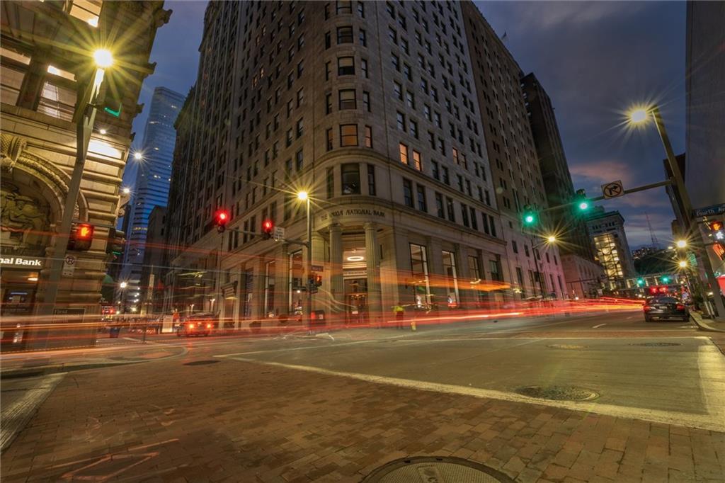 a view of a building and a street light