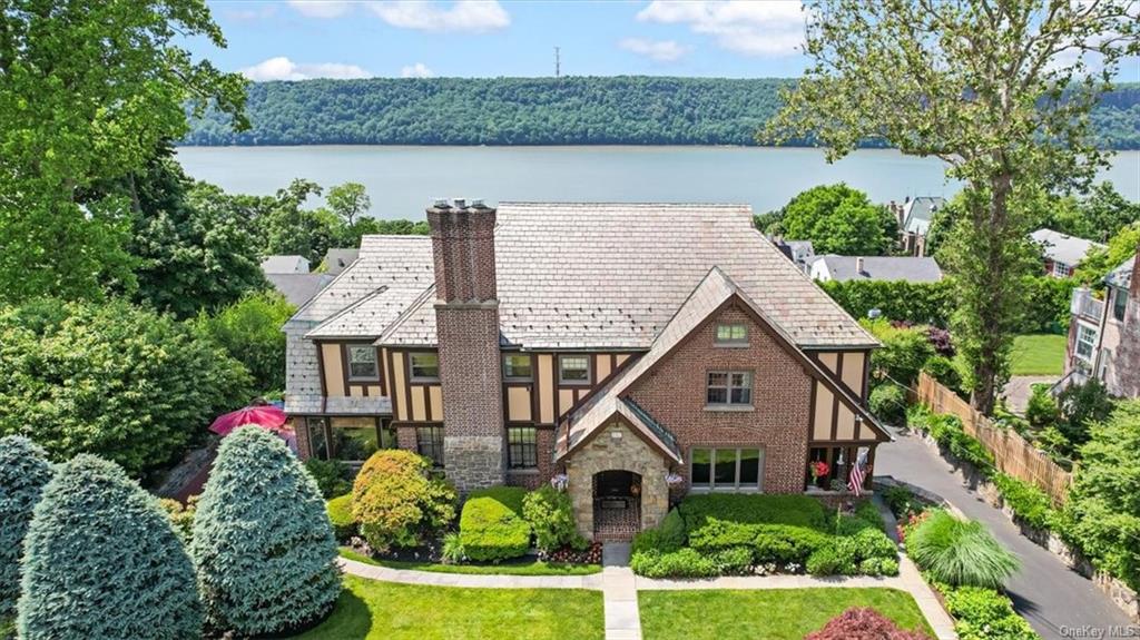 an aerial view of a house with a yard and potted plants