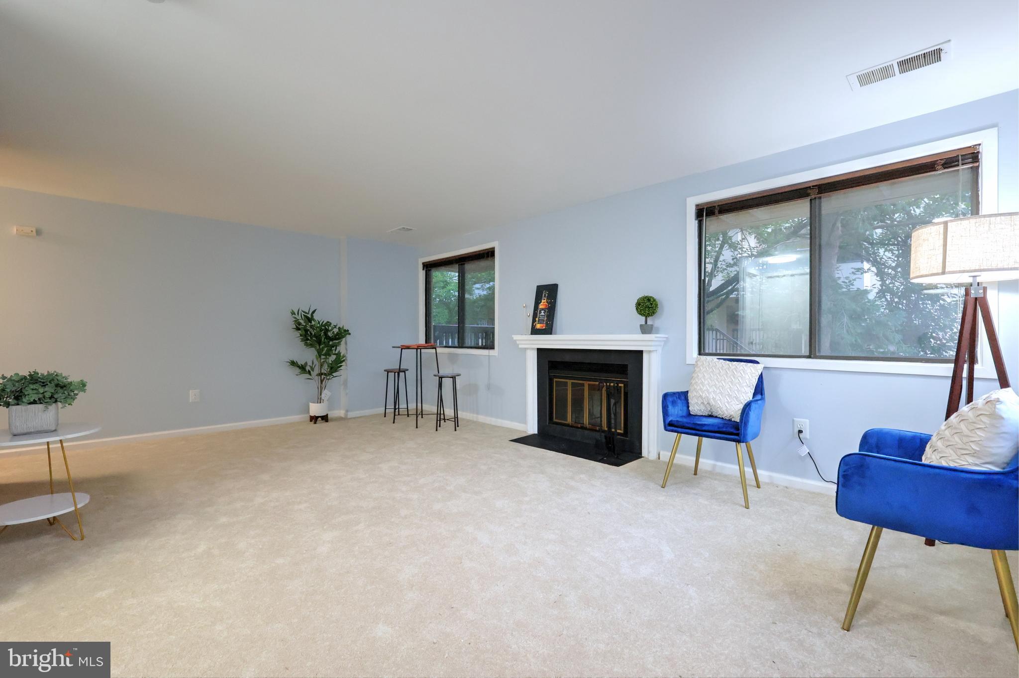 a living room with furniture a fireplace and a potted plant