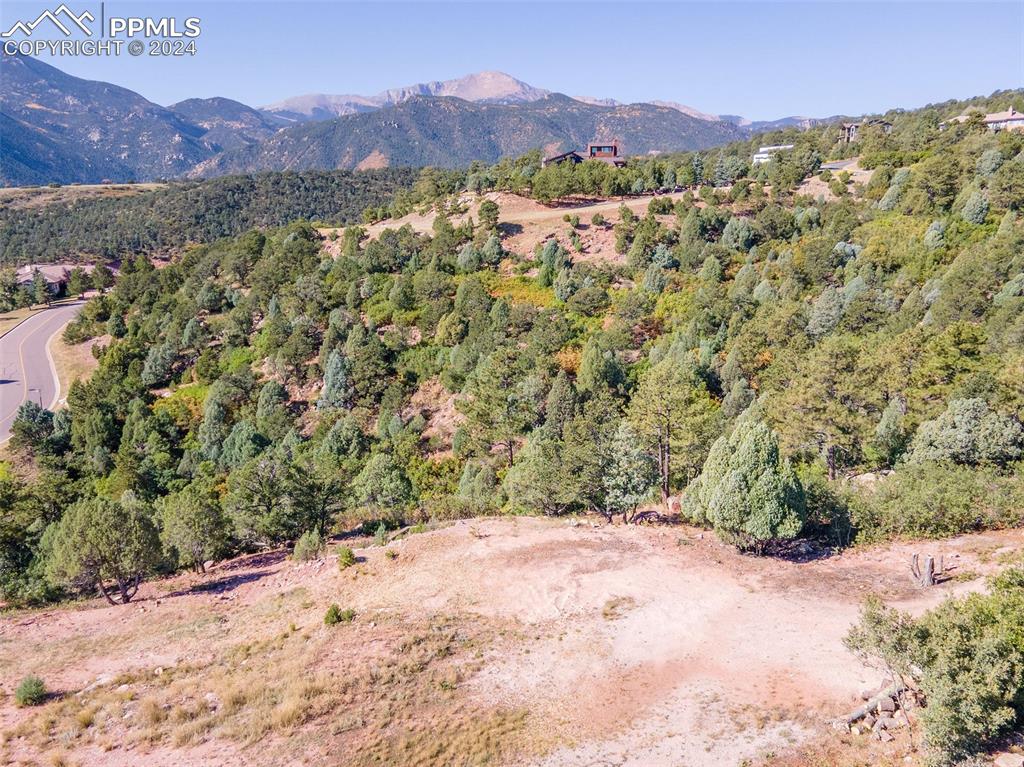 a view of a yard with a mountain