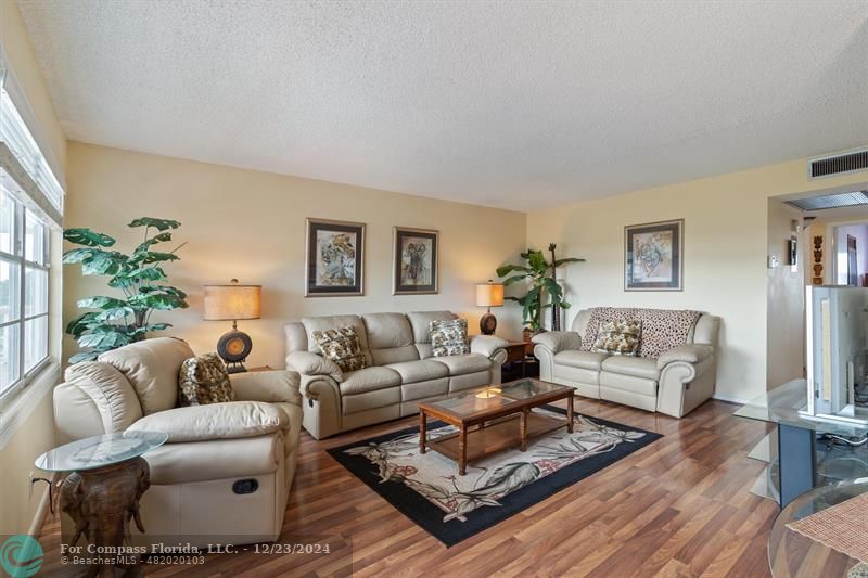 a living room with furniture a rug and a potted plant