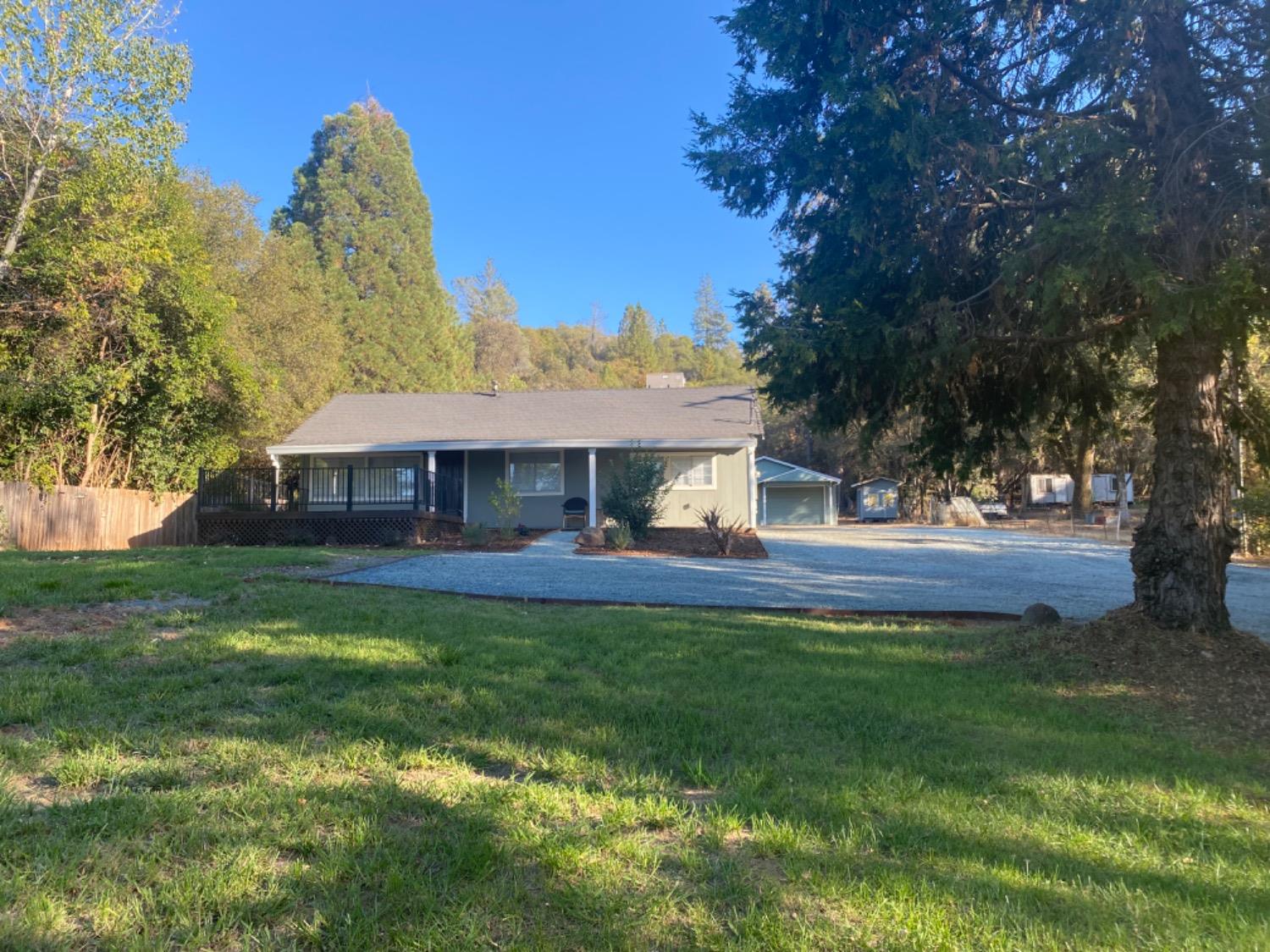 a view of a house with backyard and a tree