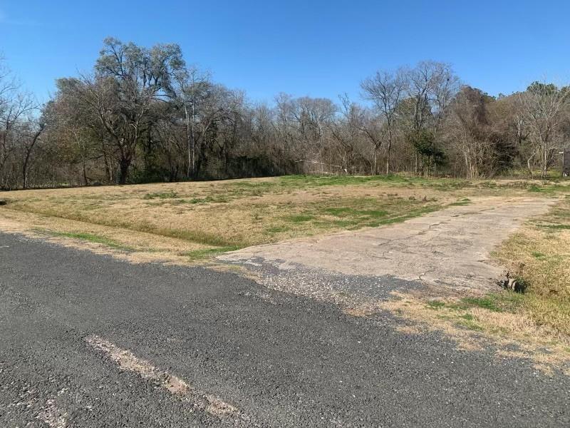 a view of dirt field with trees in the background