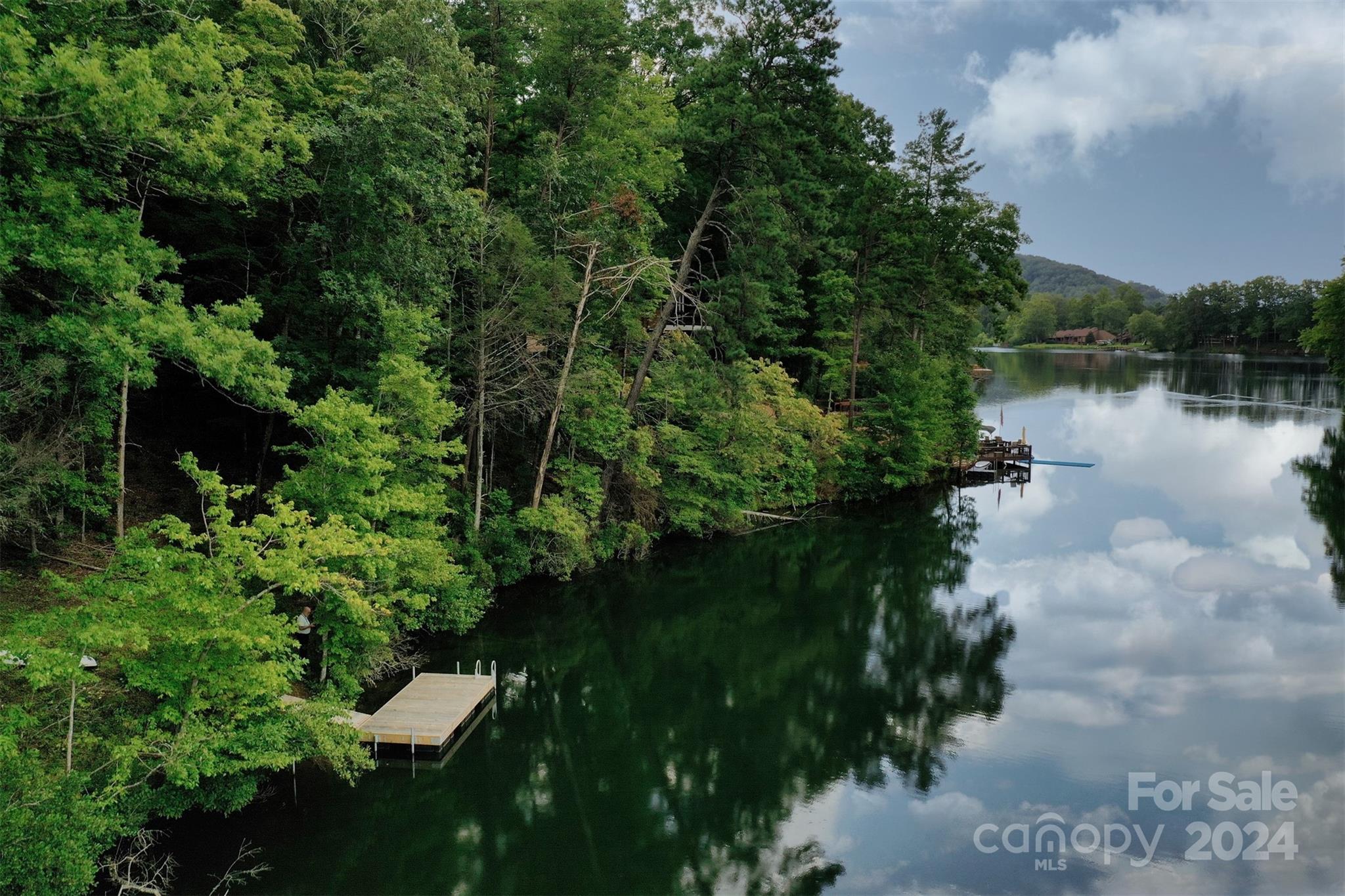 a view of a lake with a house in background