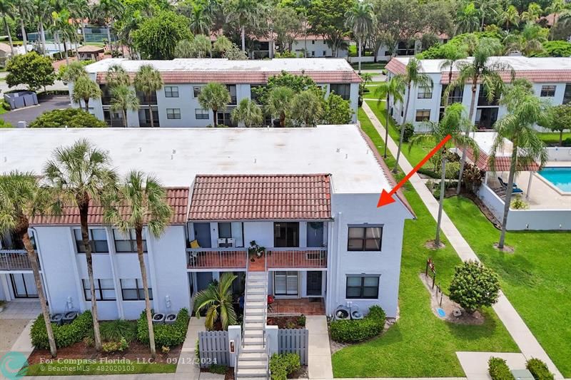 a aerial view of a house with a yard and potted plants