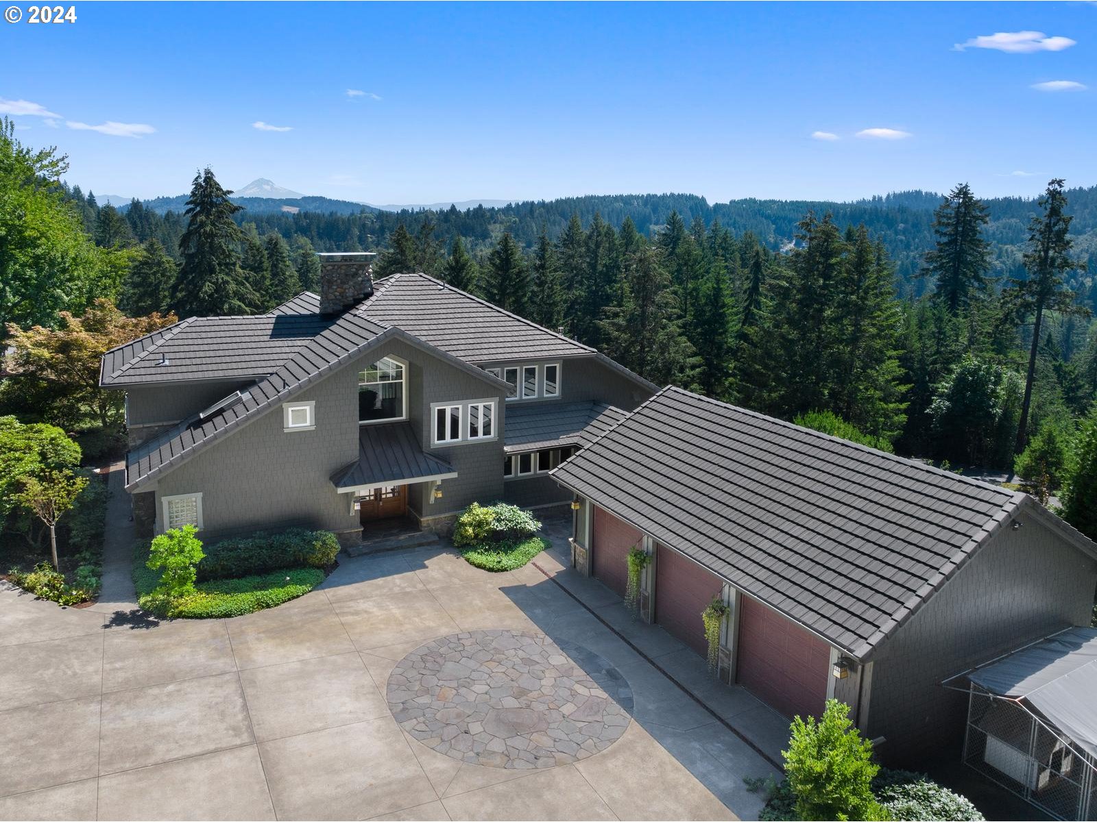 a aerial view of a house with a yard and potted plants