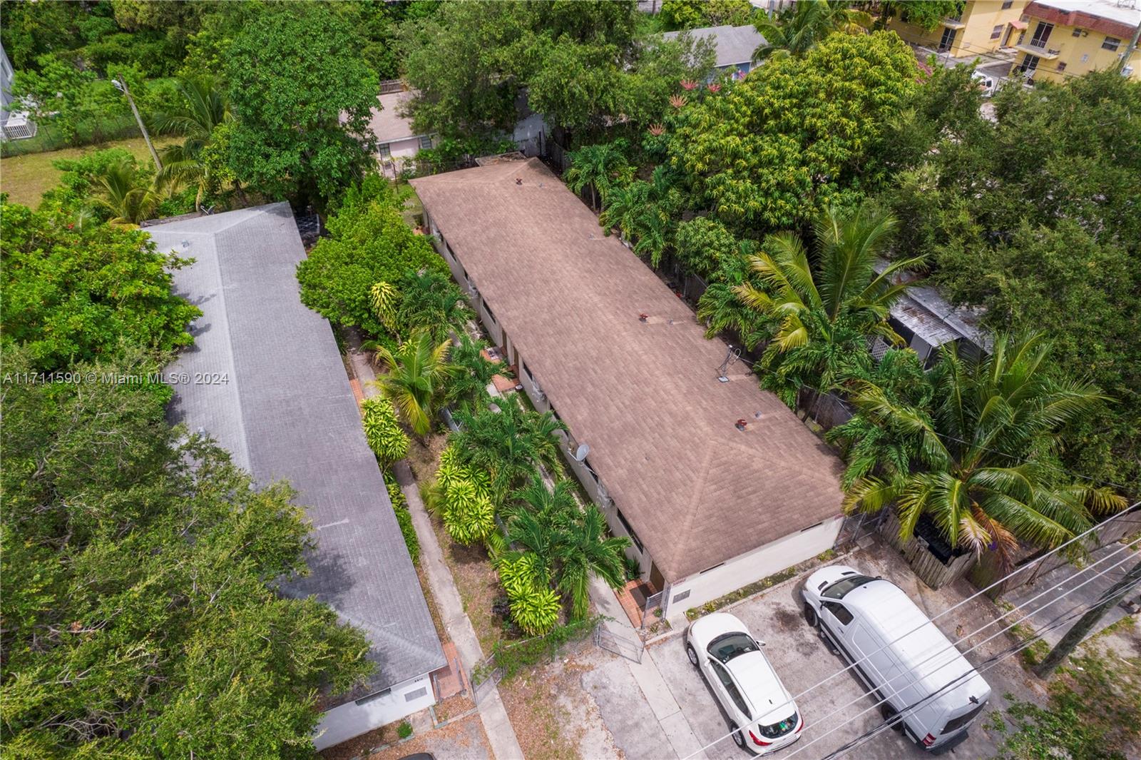 an aerial view of a house with garden