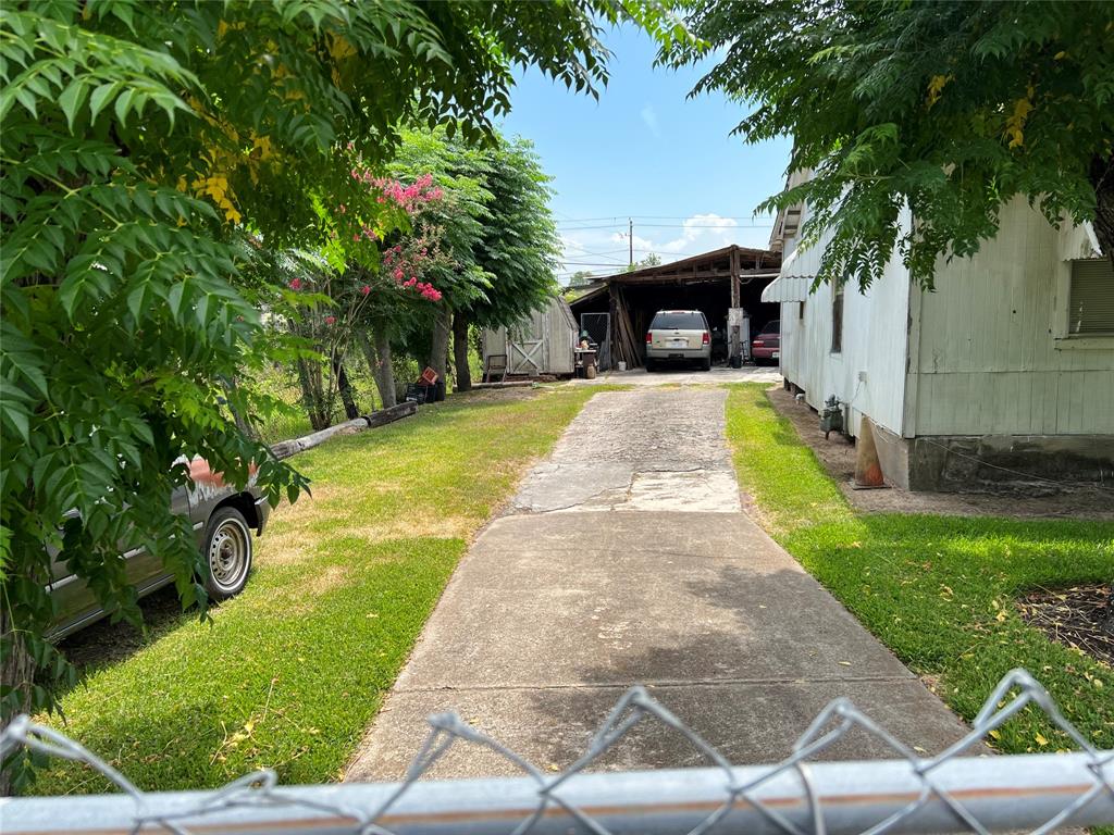 a view of a yard with plants and a barbeque