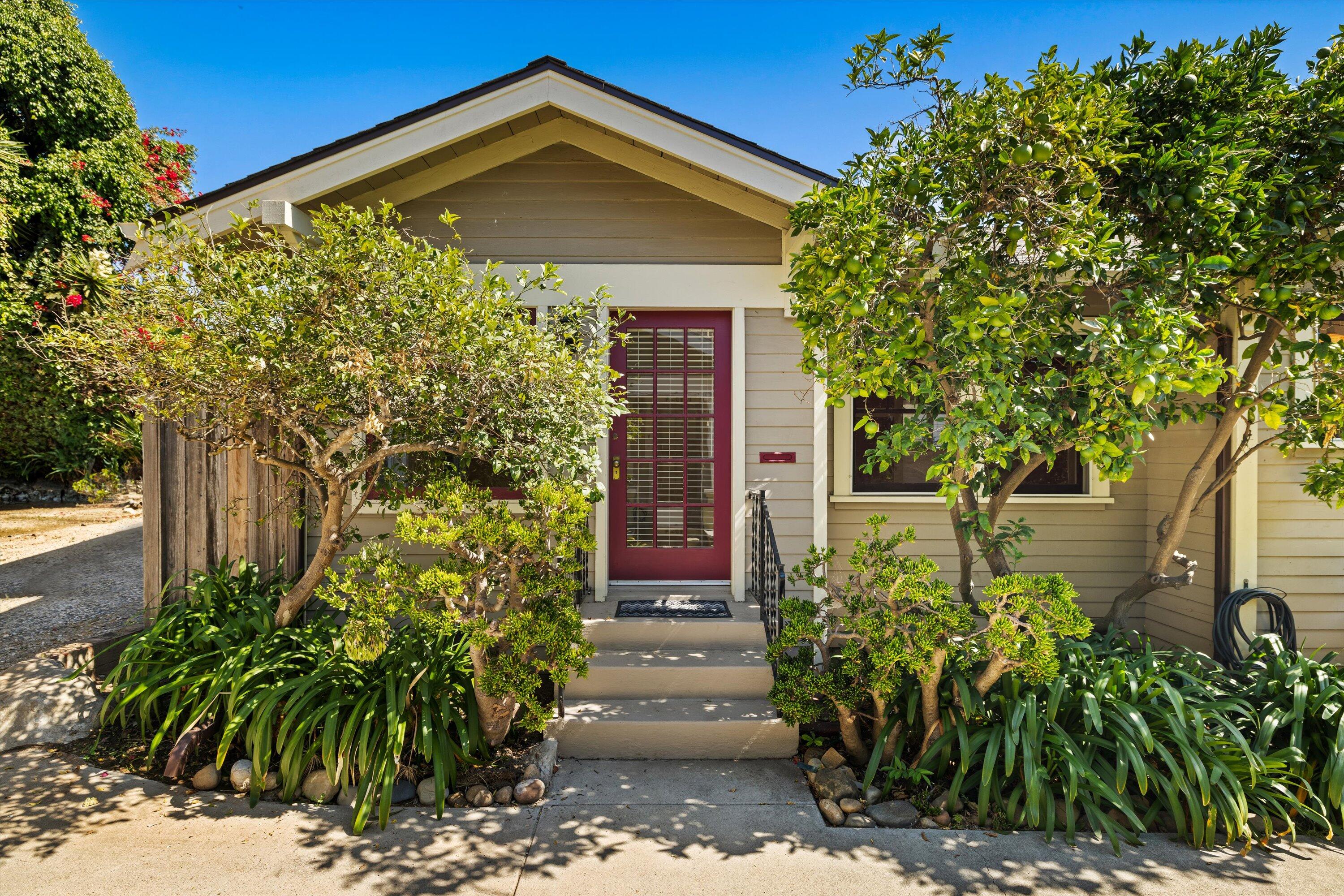 a front view of a house with plants