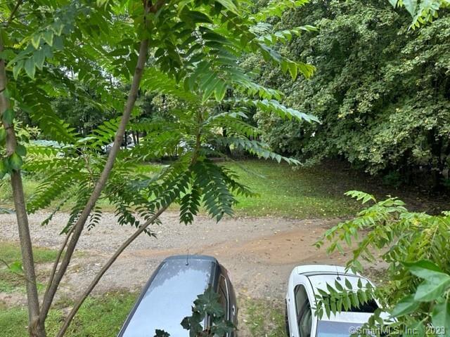 an aerial view of a yard with plants and large trees