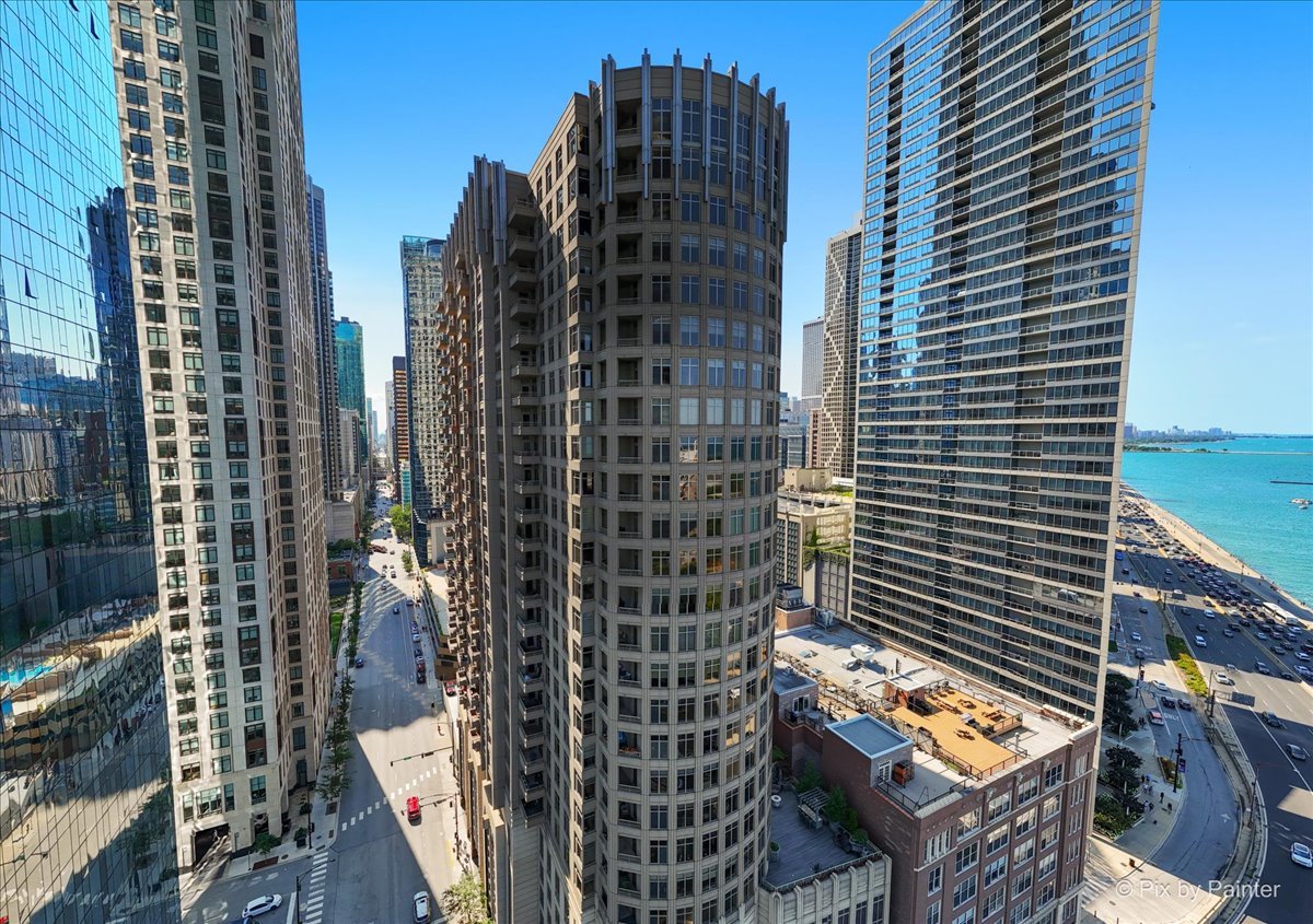 a city view with tall buildings