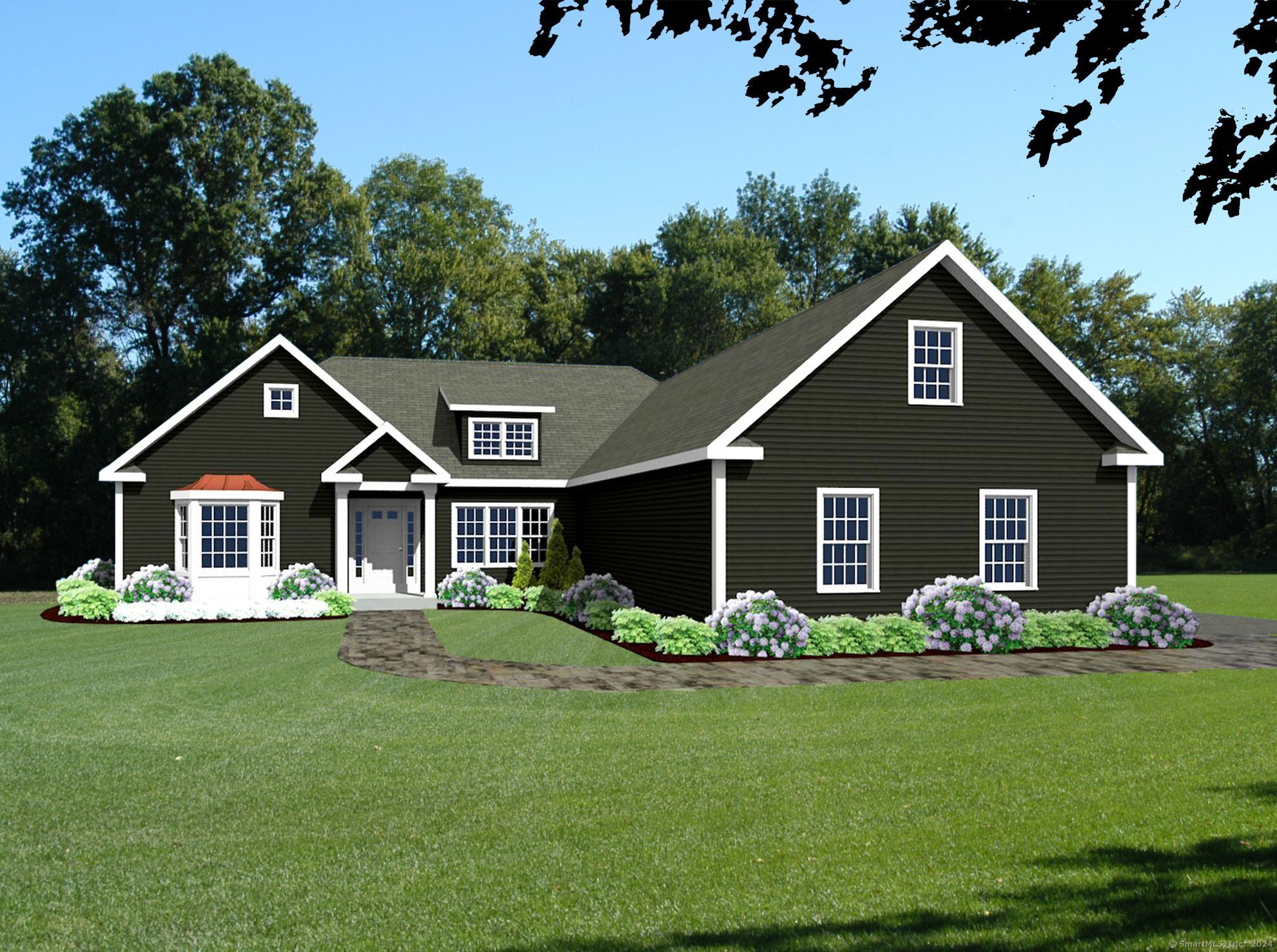 a front view of house with yard and green space