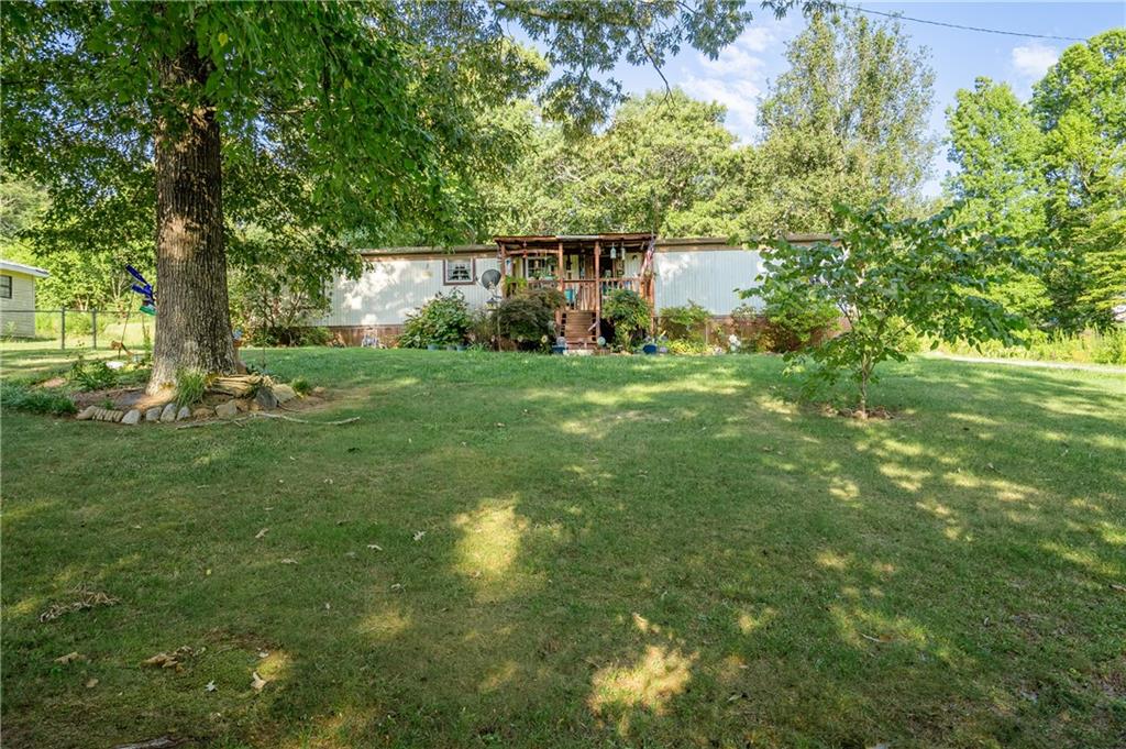 a backyard of a house with plants and large trees