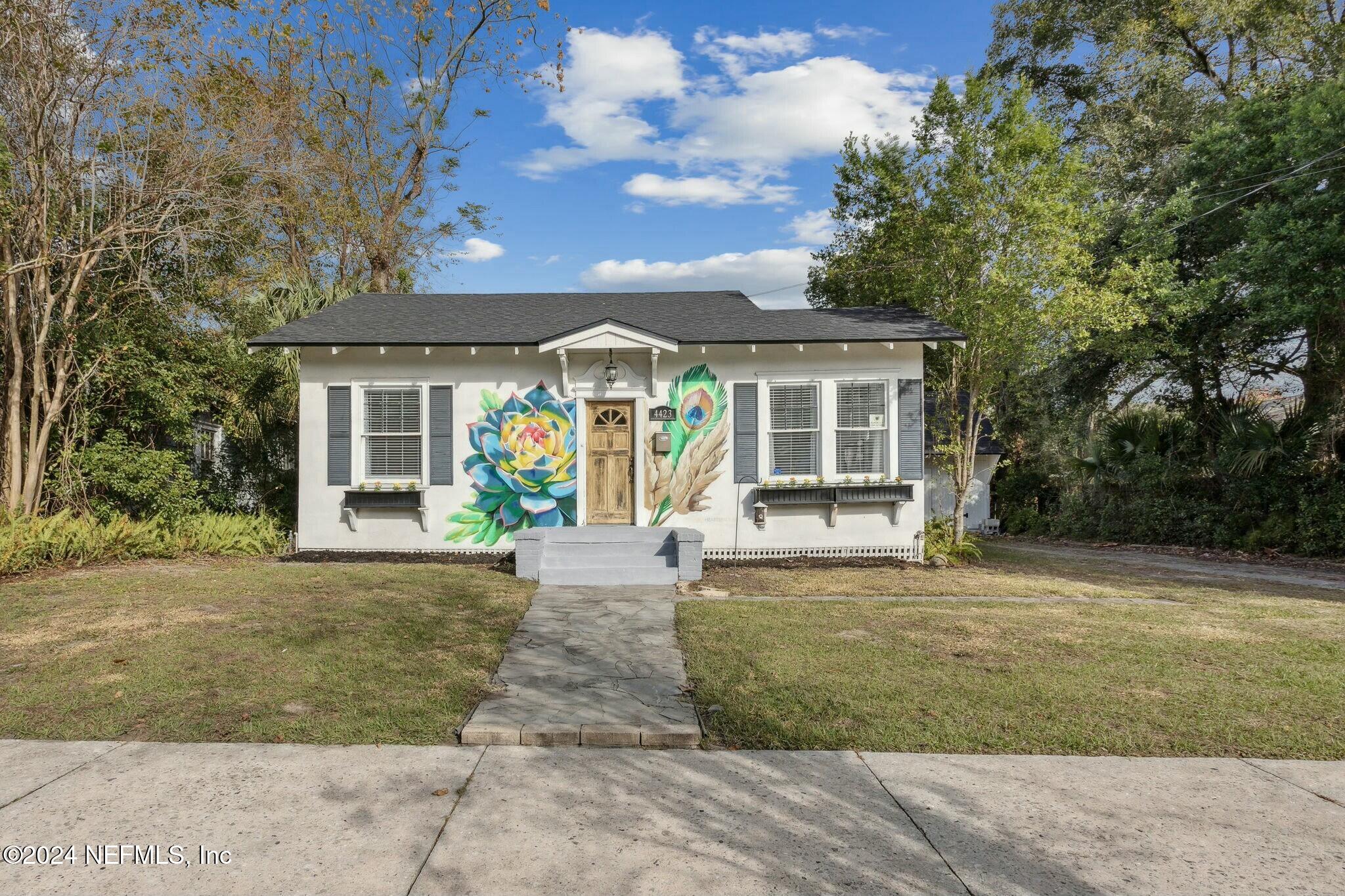 front view of a house with a patio