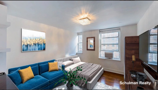 a living room with furniture flat screen tv and a window