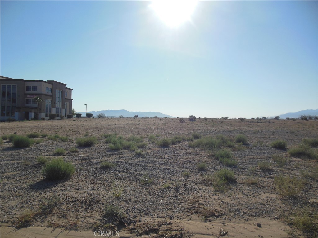 a view of a dry yard with mountains in the background