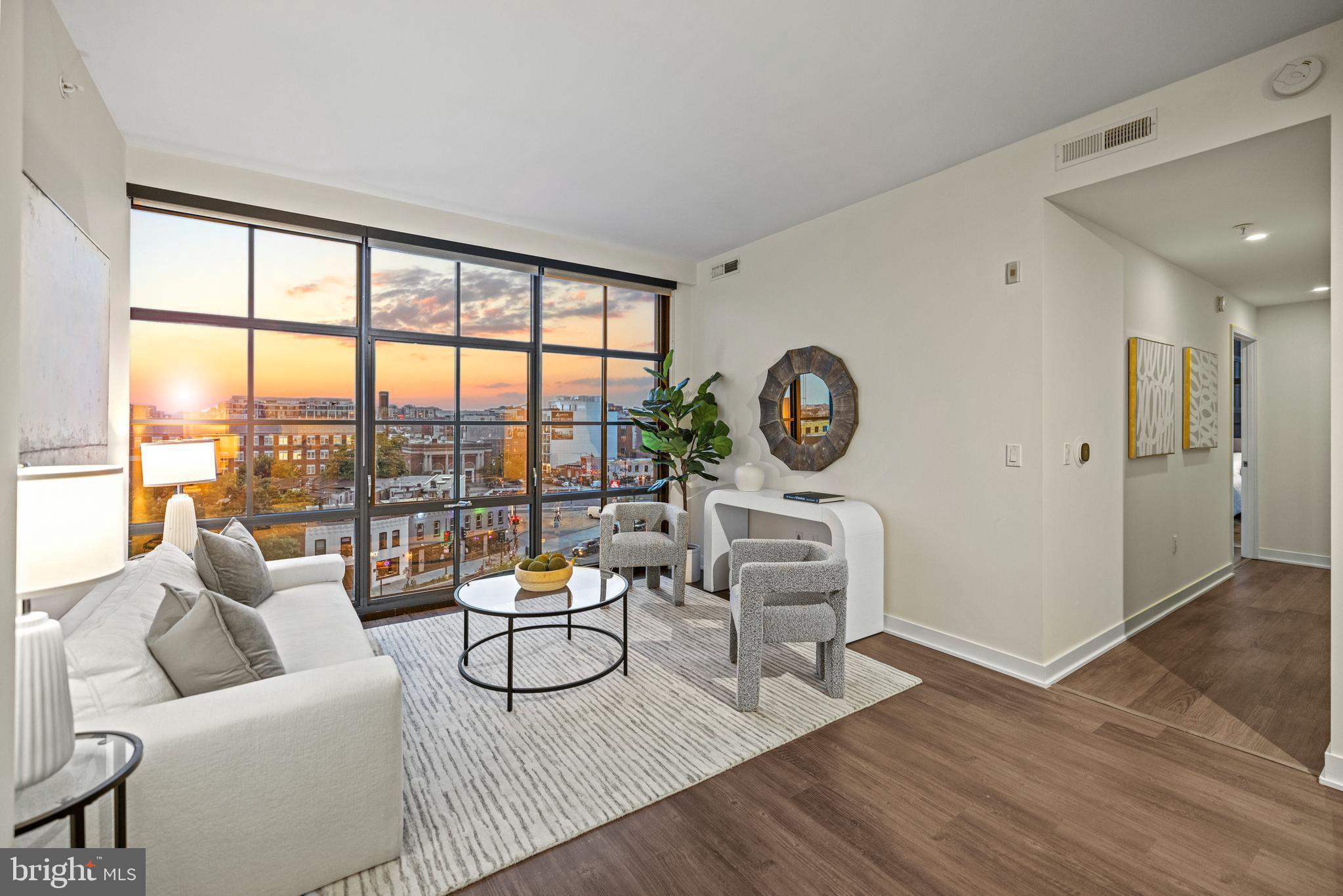 a living room with furniture a rug potted plant and a large window