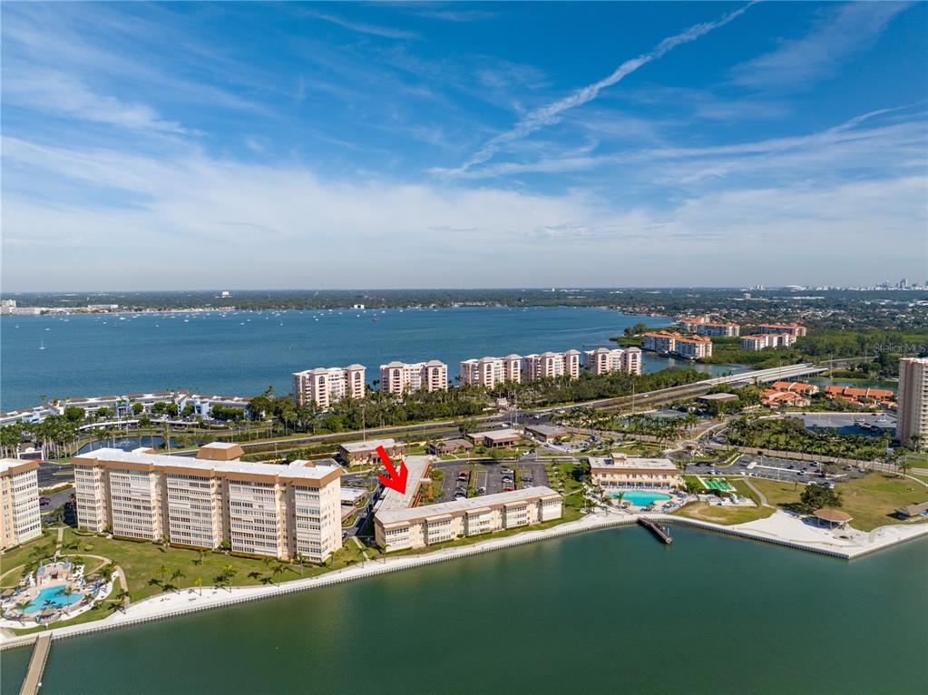 a view of a city with an ocean view