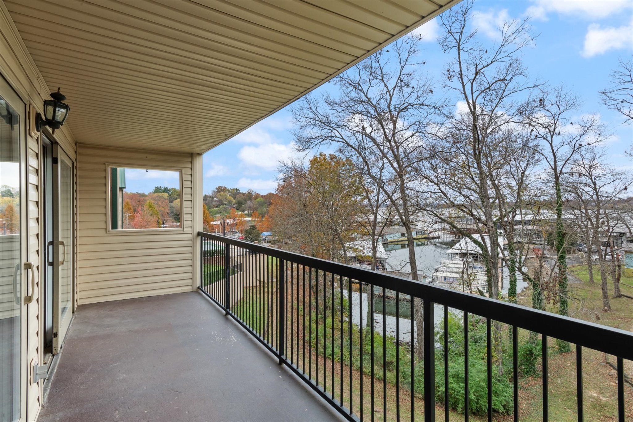 a view of a balcony with mountain view