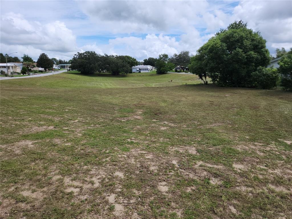 a view of a field with an trees in the background