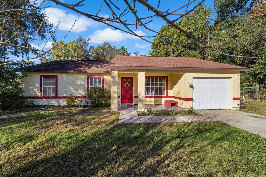 a view of a house with a backyard and a tree