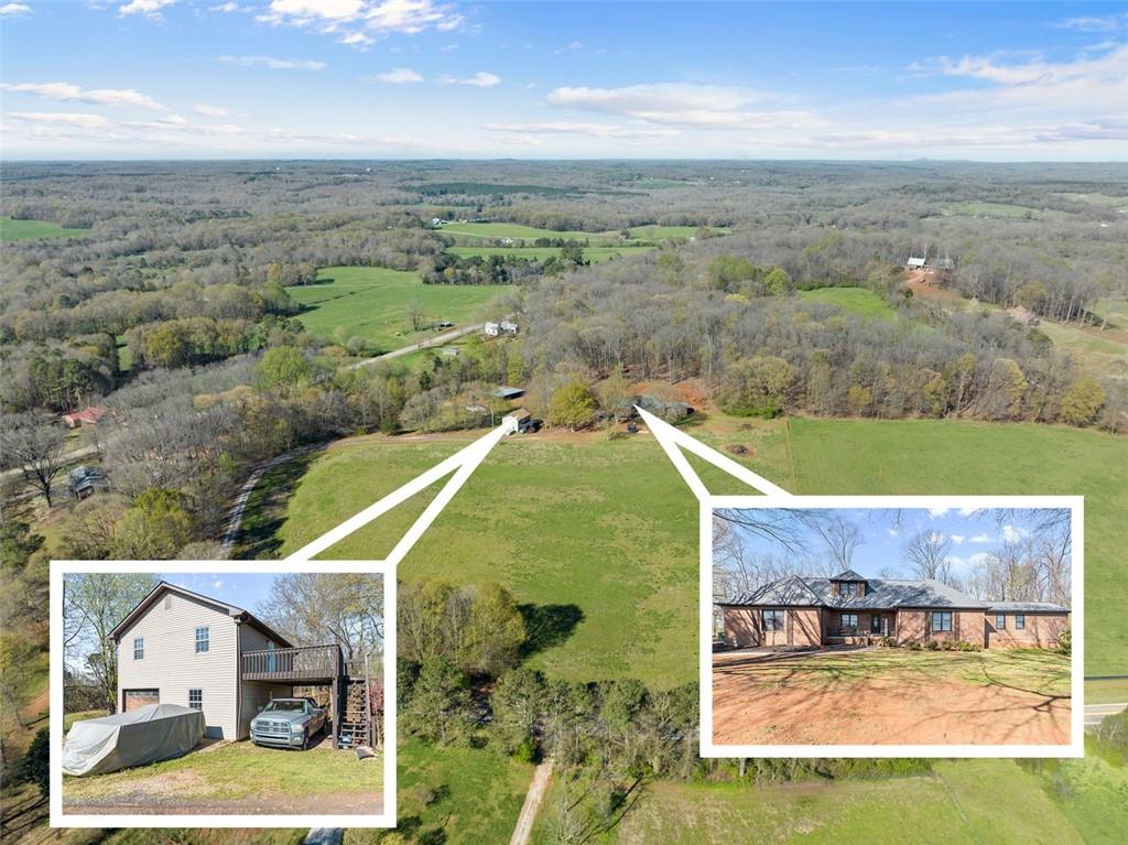 an aerial view of a house with a garden