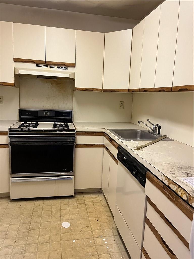 Kitchen featuring range hood, white cabinetry, dishwasher, sink, and stove