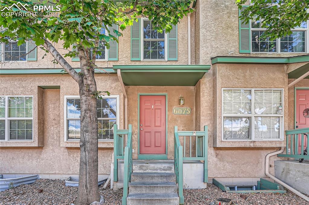 a front view of a house with a tree