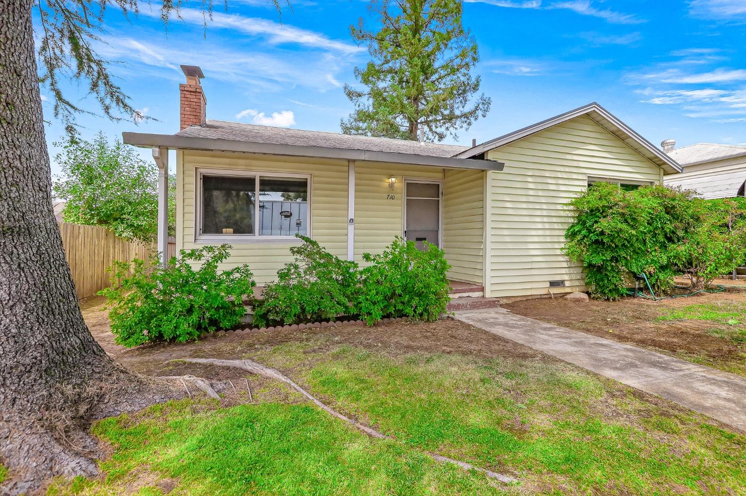 a view of a house with a small yard plants and large tree