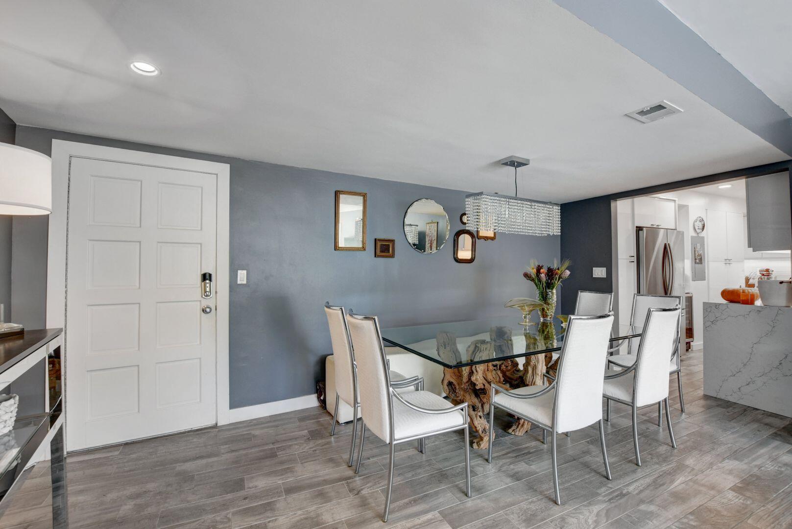 a view of a dining room with furniture