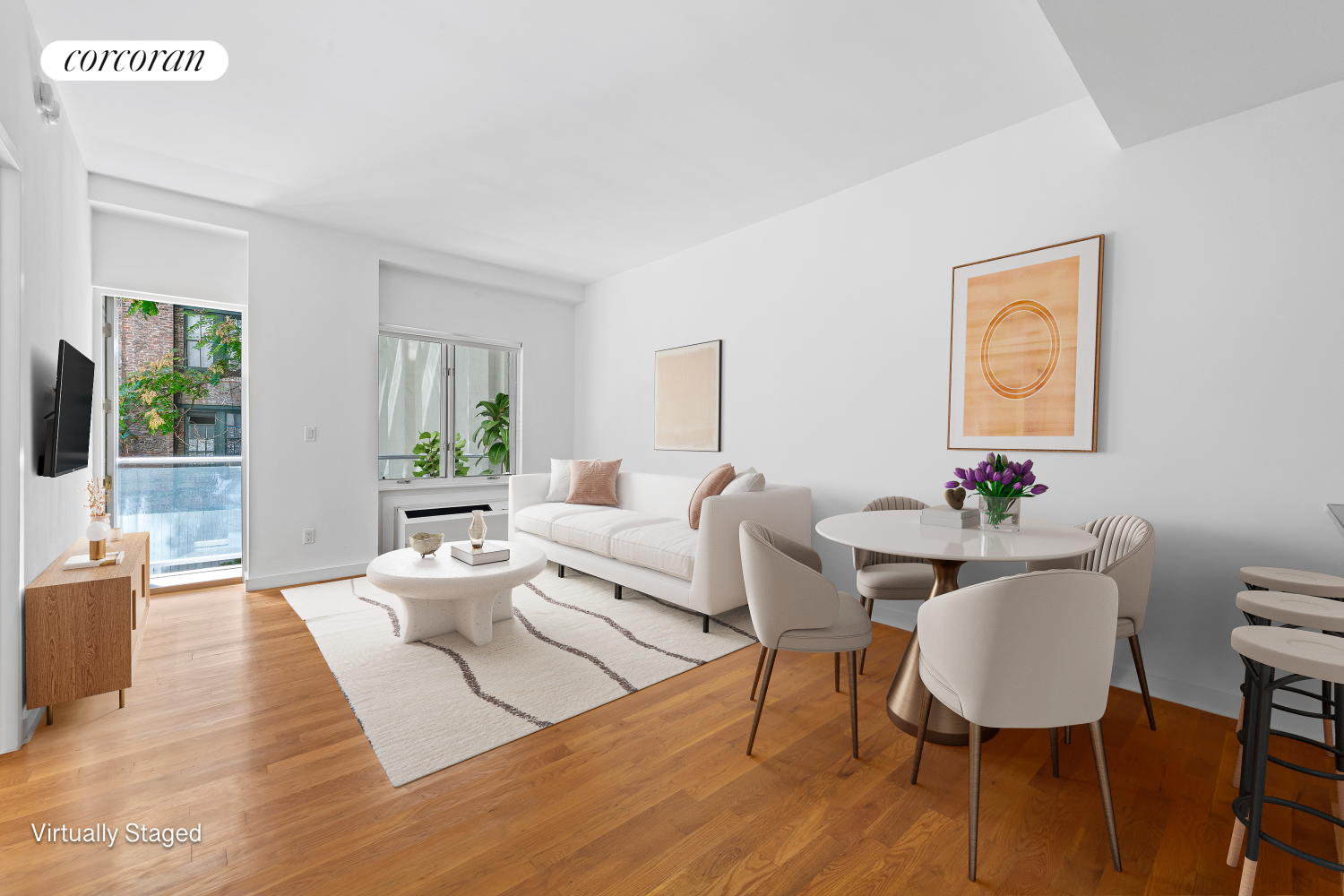 a living room with furniture rug and window