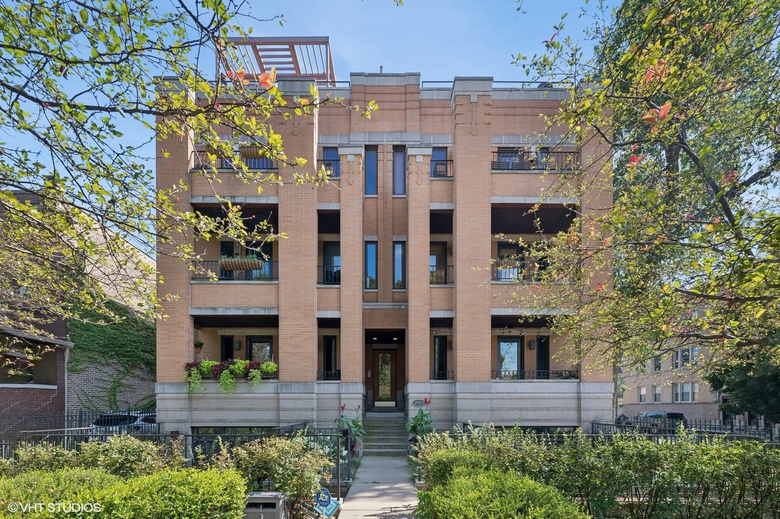 front view of a building with a yard