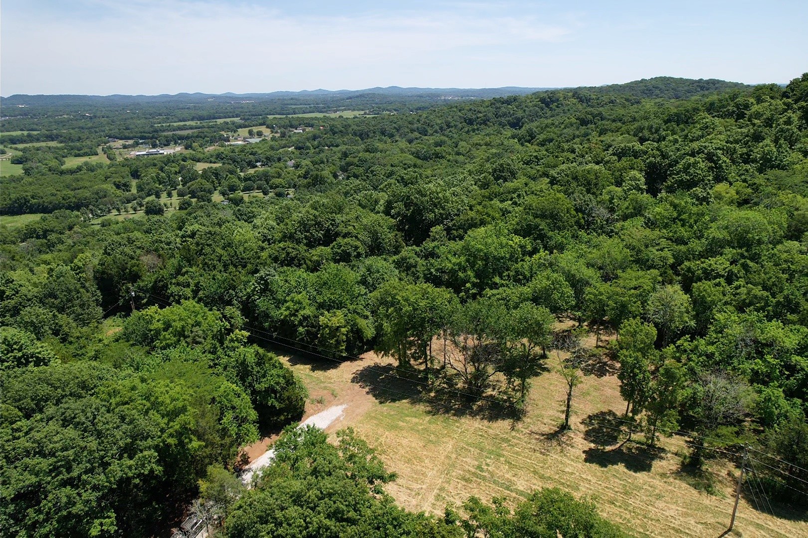 an aerial view of a forest with houses