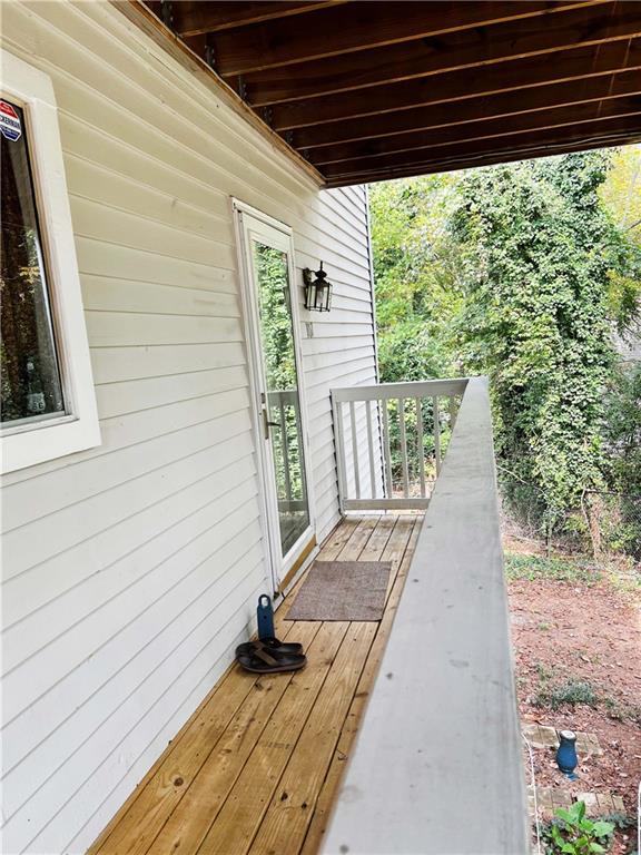 a porch with seating space