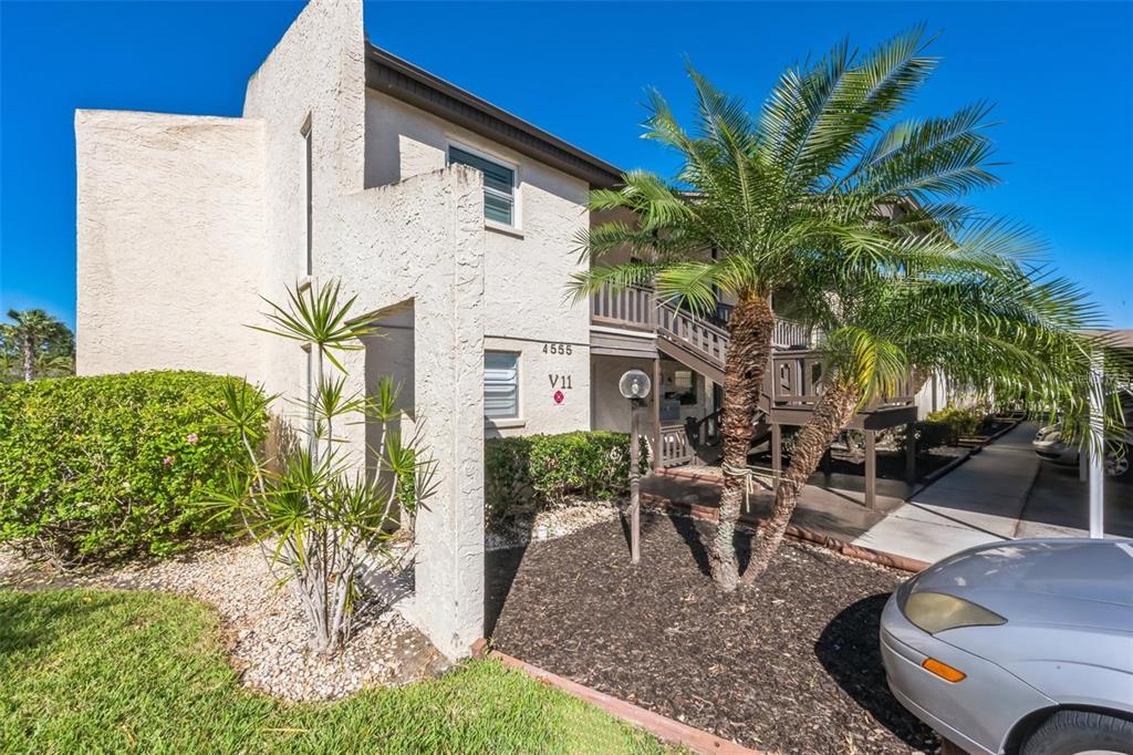 front view of a house with a patio