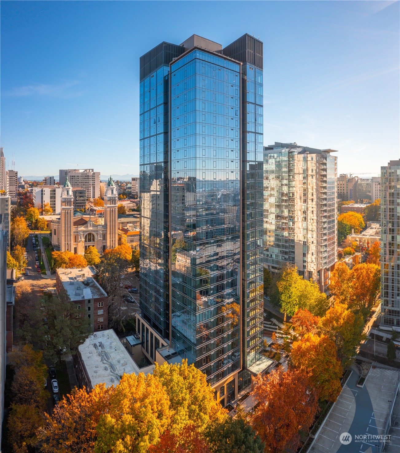 a view of a city with tall buildings