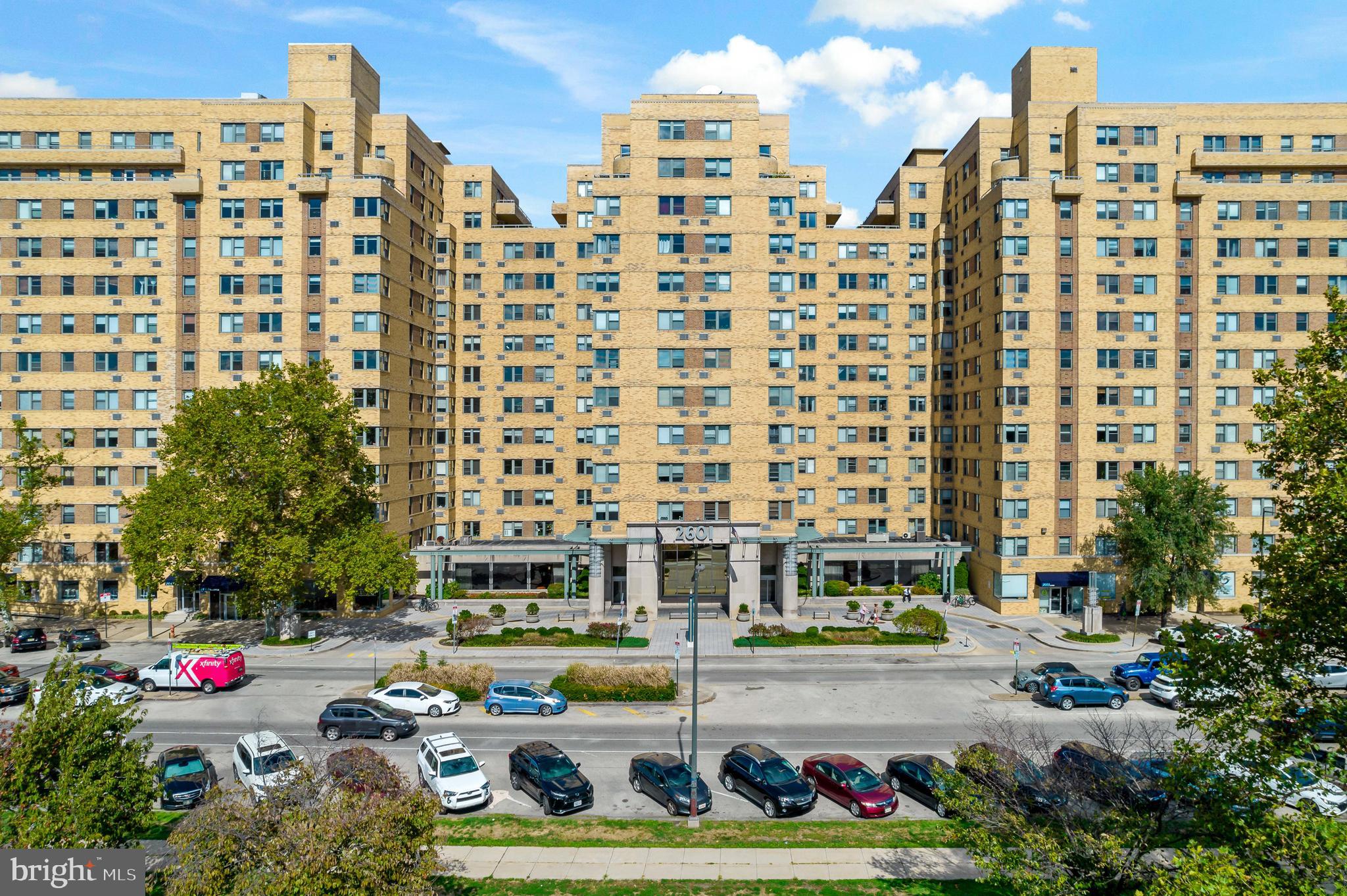 a front view of a multi story building