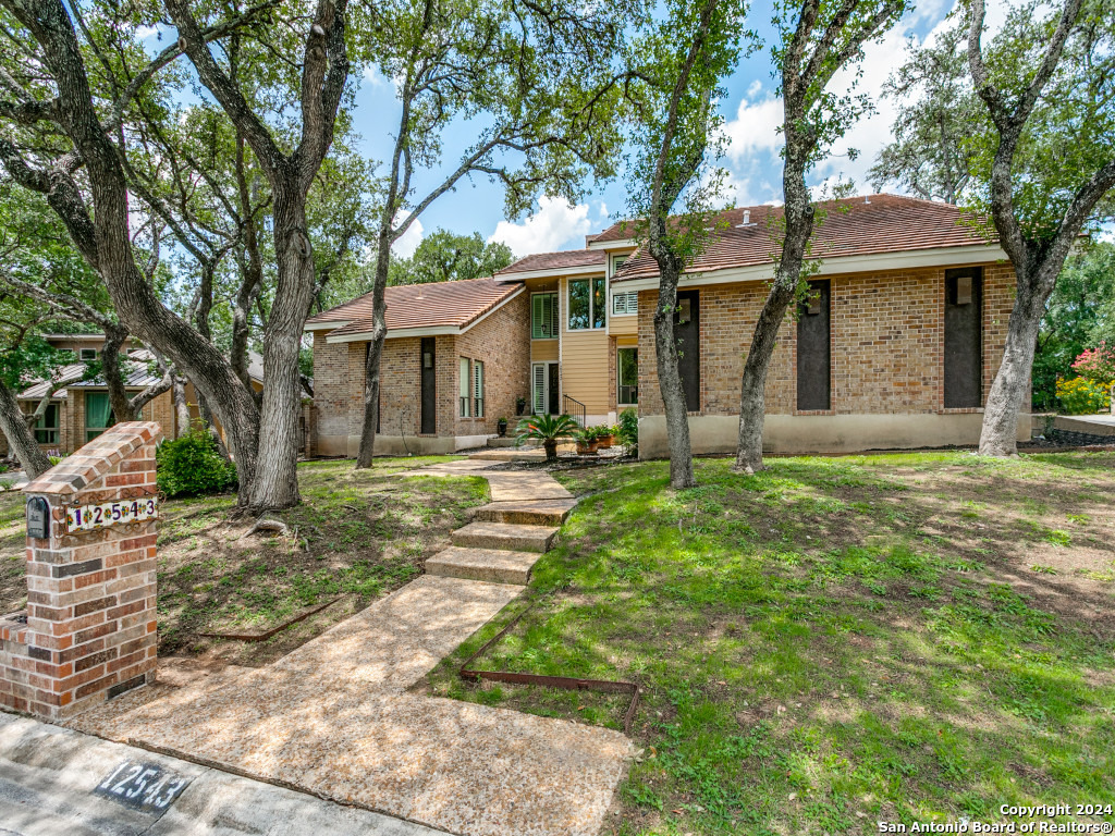 a front view of a house with yard and green space